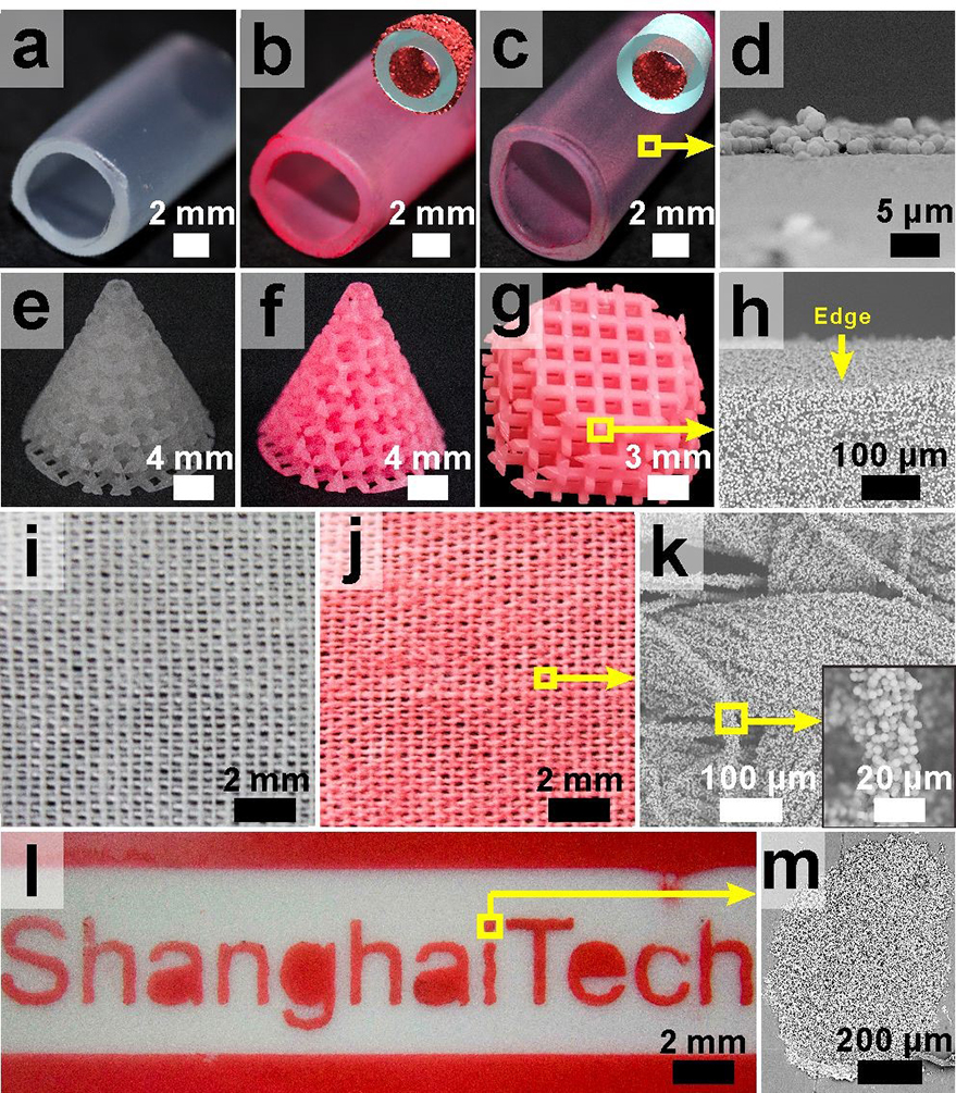 图2.红色mof微米颗粒生长在各种形状的高分子材料上